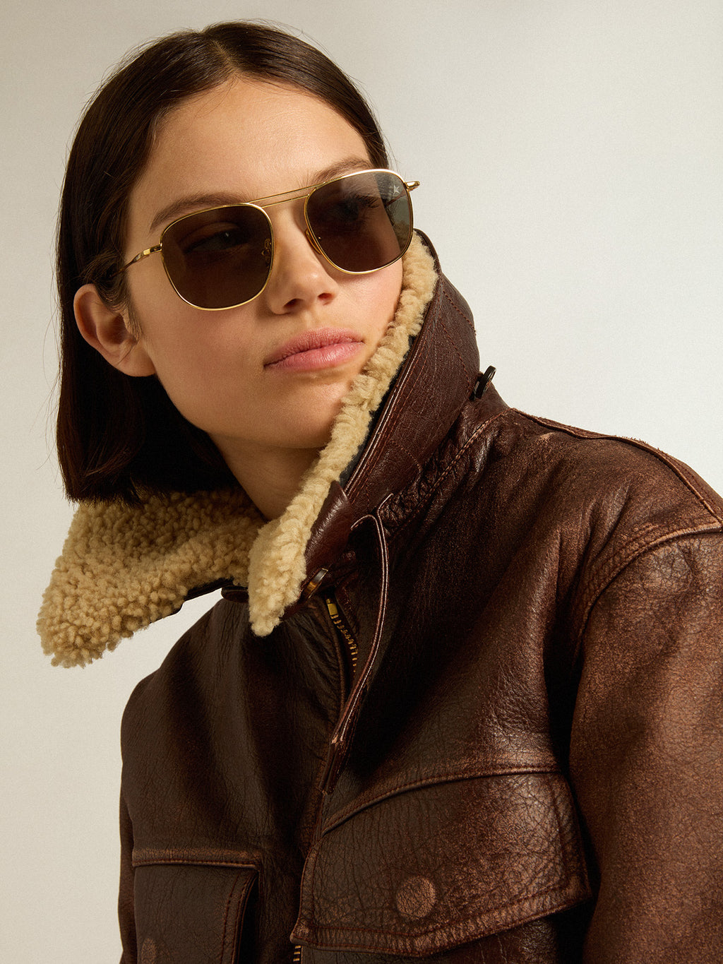 Wood-colored jacket with detachable shearling collar| Golden Goose