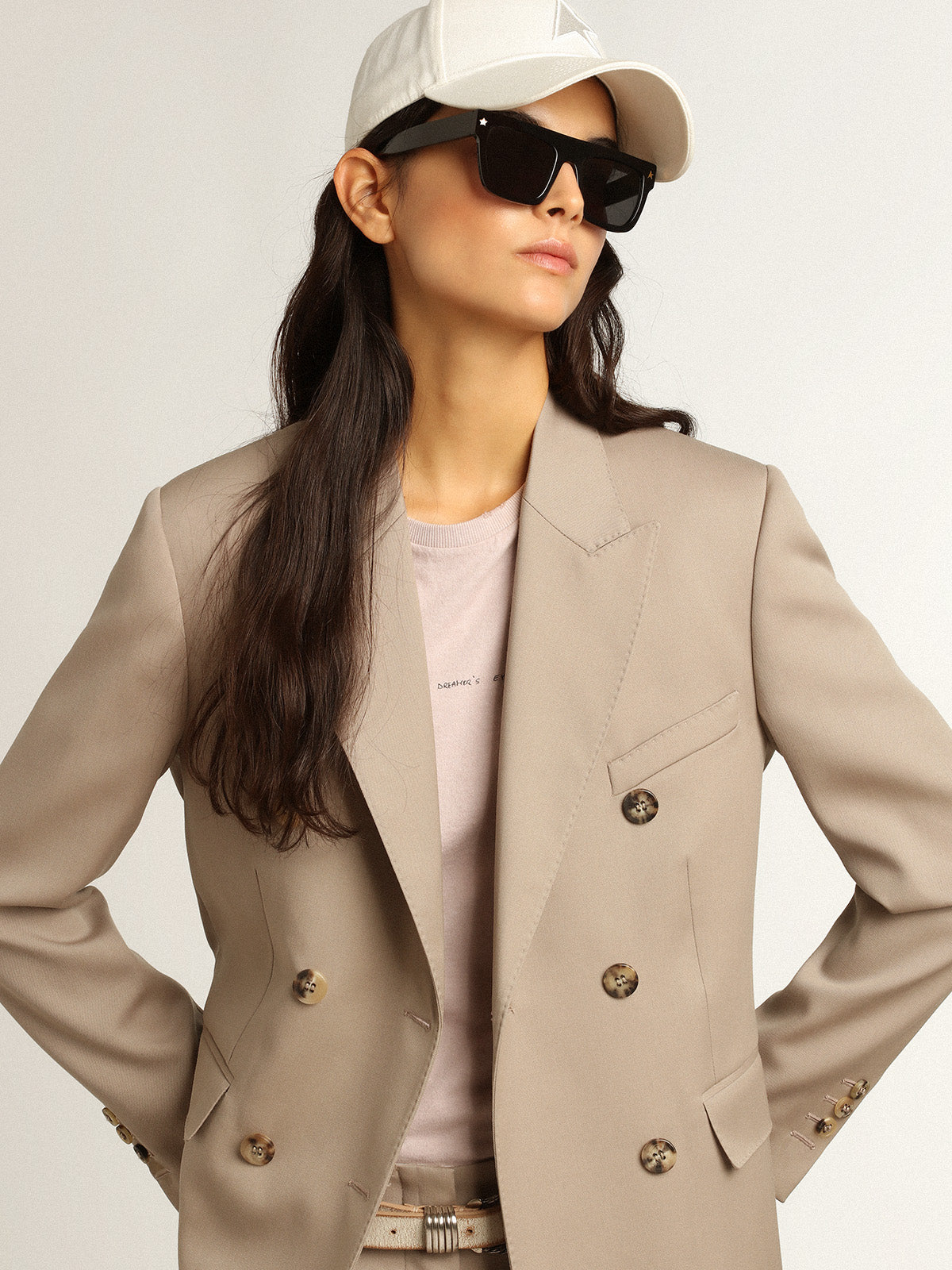 Double-breasted blazer in light beige wool gabardine| Golden Goose
