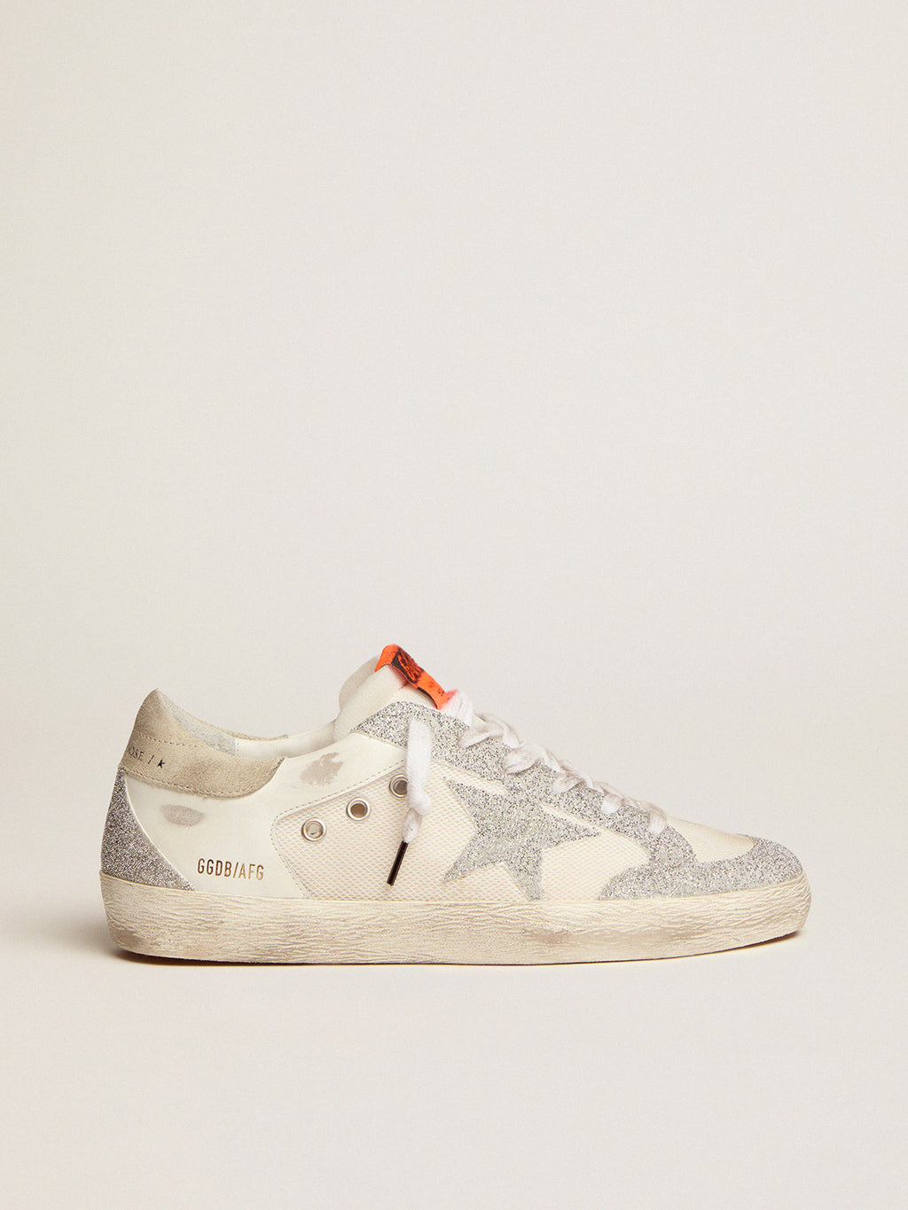 Super-Star LTD in white leather and mesh with star and inserts in silver Swarovski micro-crystals| Golden Goose