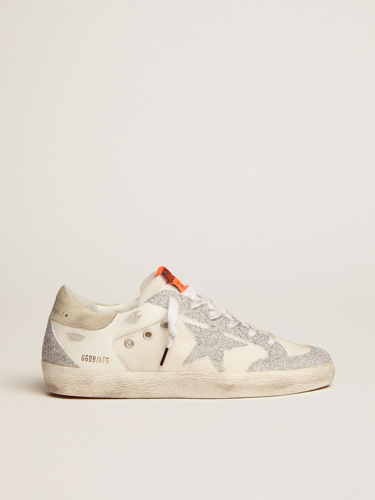 Super-Star LTD in white leather and mesh with star and inserts in silver Swarovski micro-crystals| Golden Goose