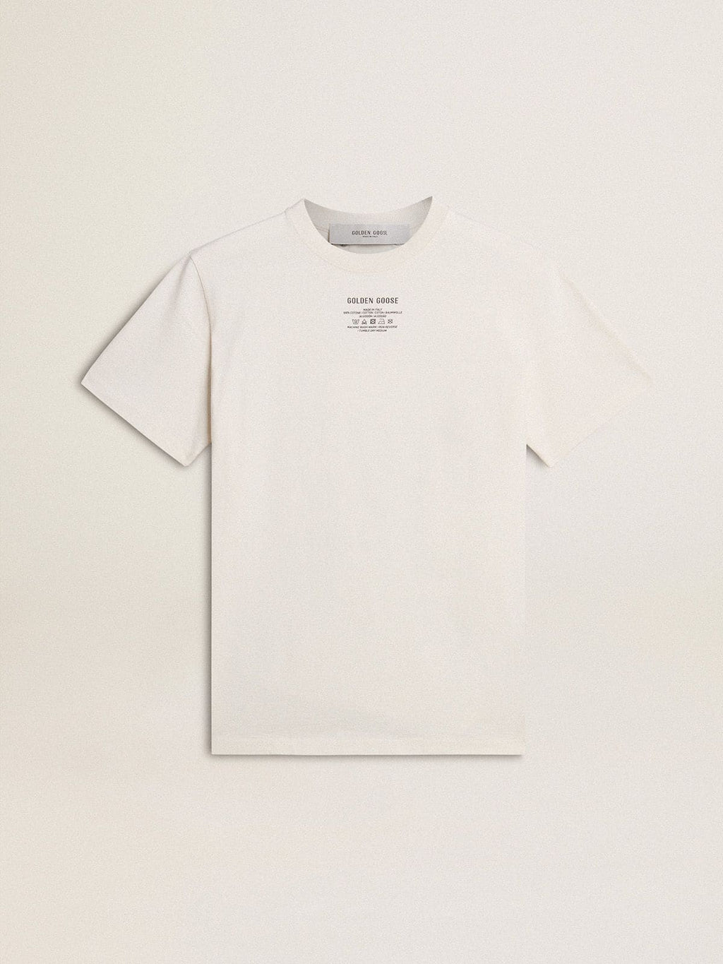 Men's worn-white cotton T-shirt with black lettering| Golden Goose