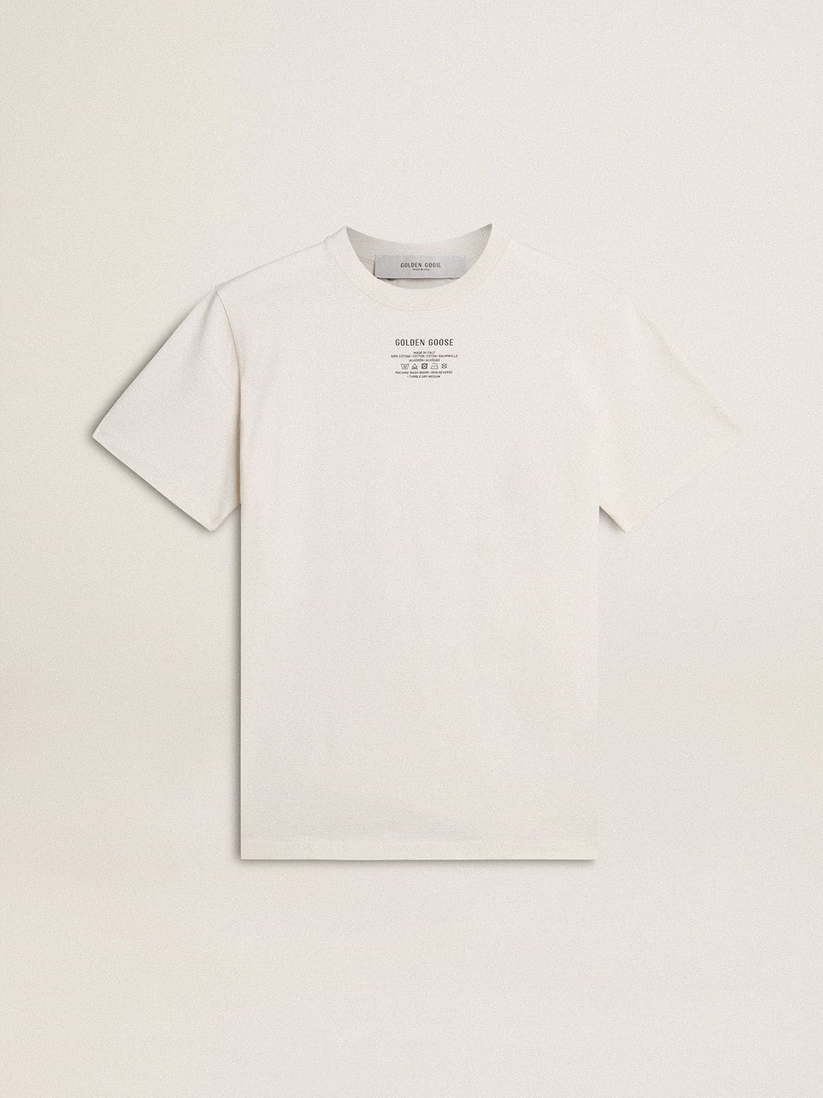 Men's worn-white cotton T-shirt with black lettering| Golden Goose