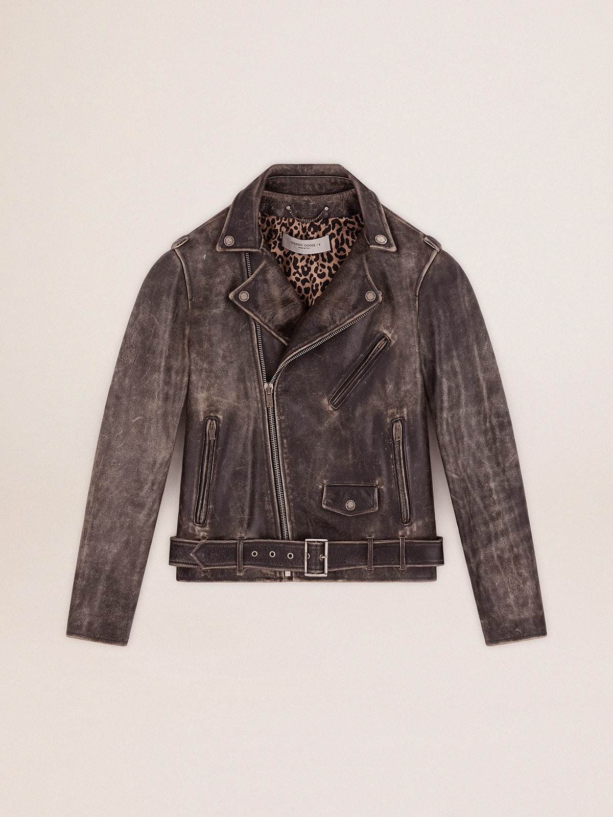 Men's black leather biker jacket| Golden Goose