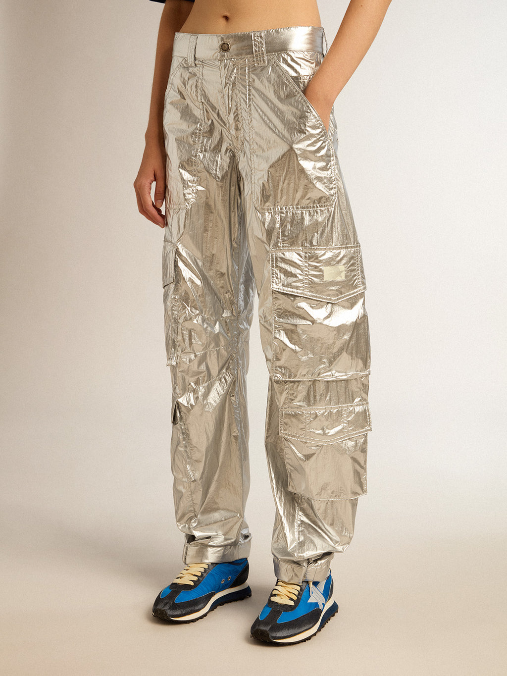 Women's cargo pants in silver technical fabric| Golden Goose