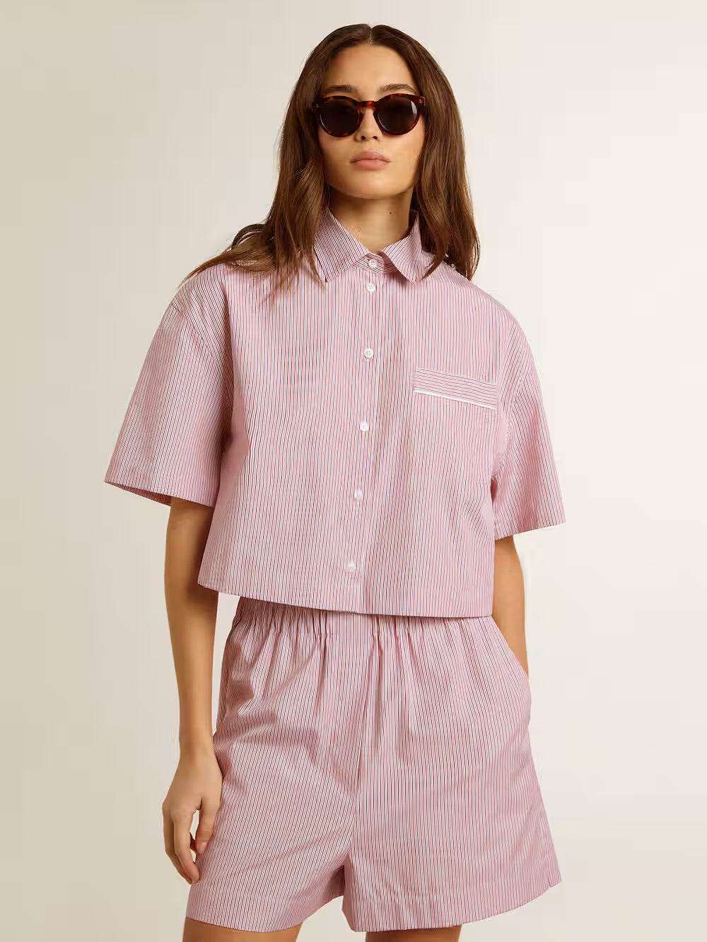 Women's cropped shirt in striped cotton poplin| Golden Goose