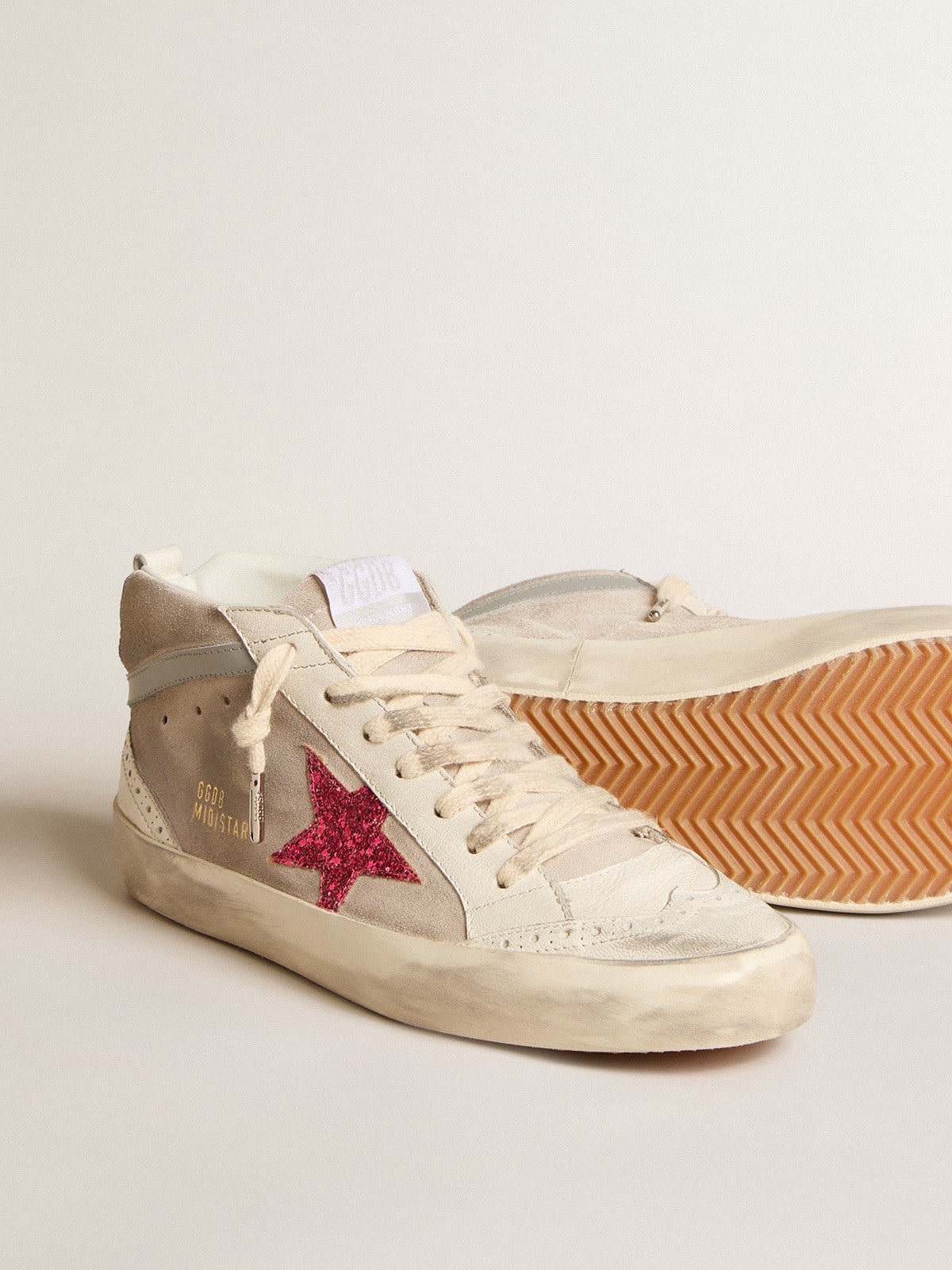 Mid Star in suede with fuchsia glitter star and gray leather flash| Golden Goose