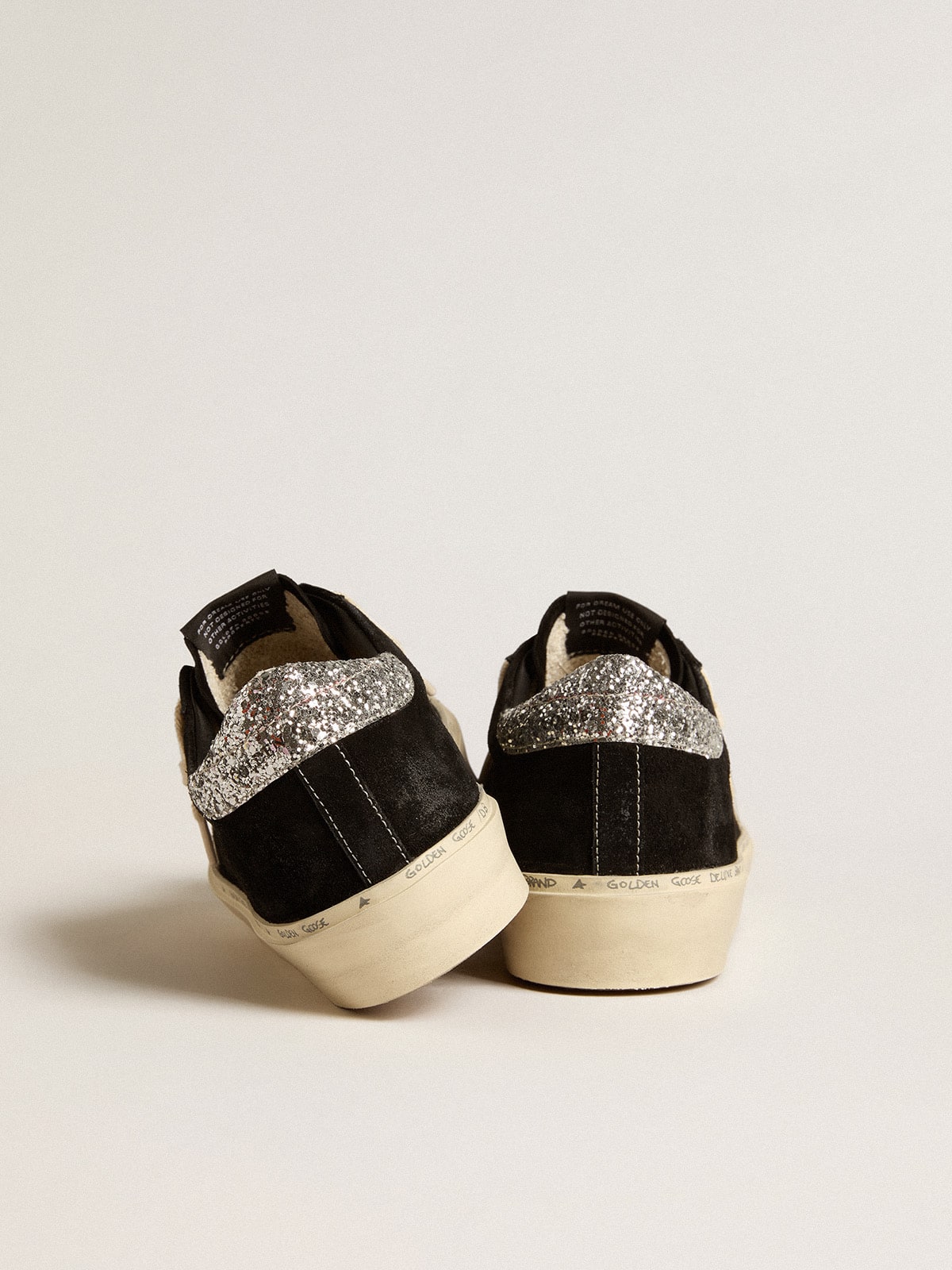 Women's Hi Star in black leather with silver glitter heel tab| Golden Goose