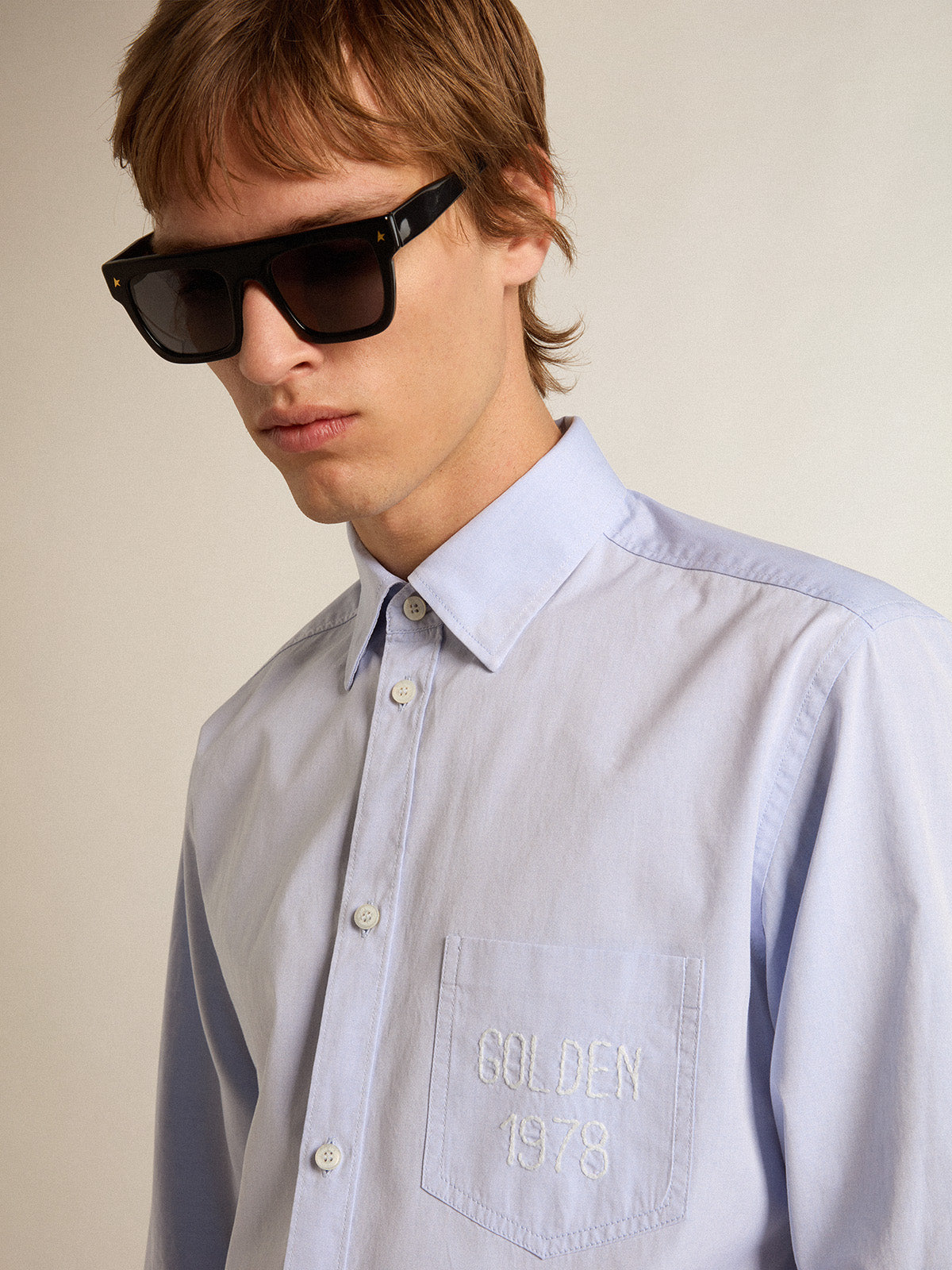 Baby-blue cotton shirt with embroidered pocket| Golden Goose