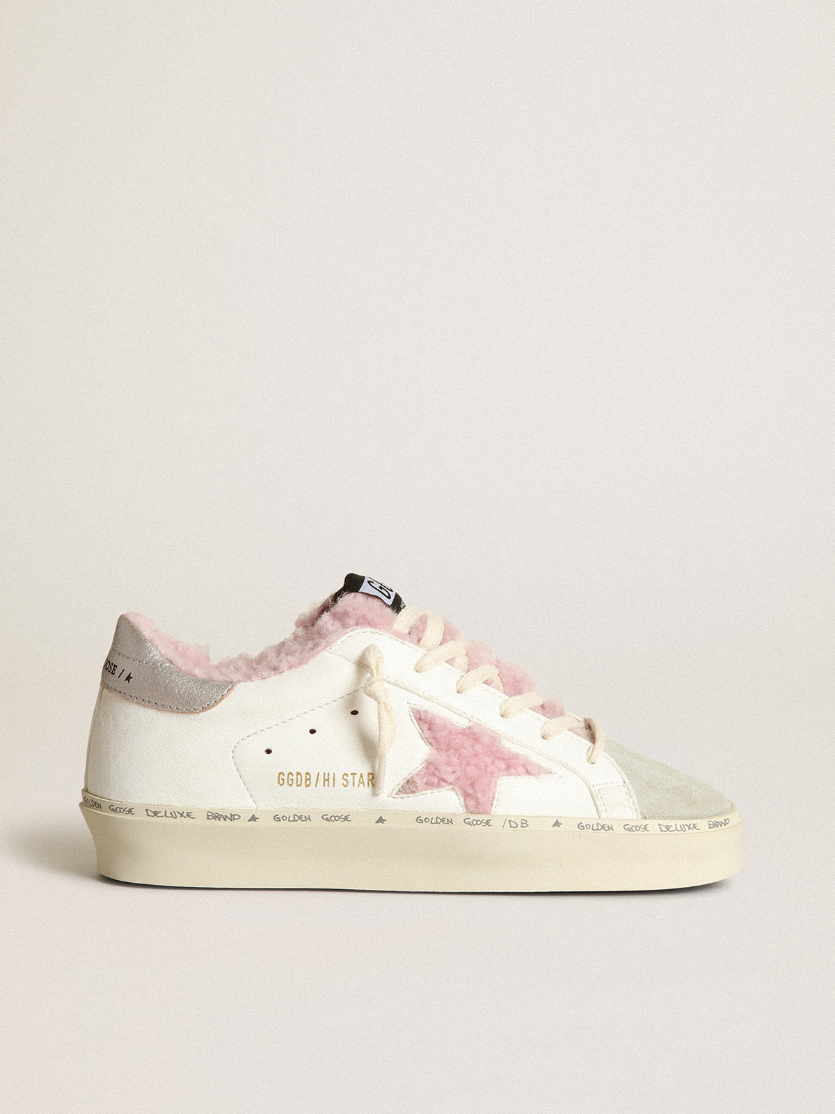 Hi Star in white nappa with pink shearling star and lining| Golden Goose