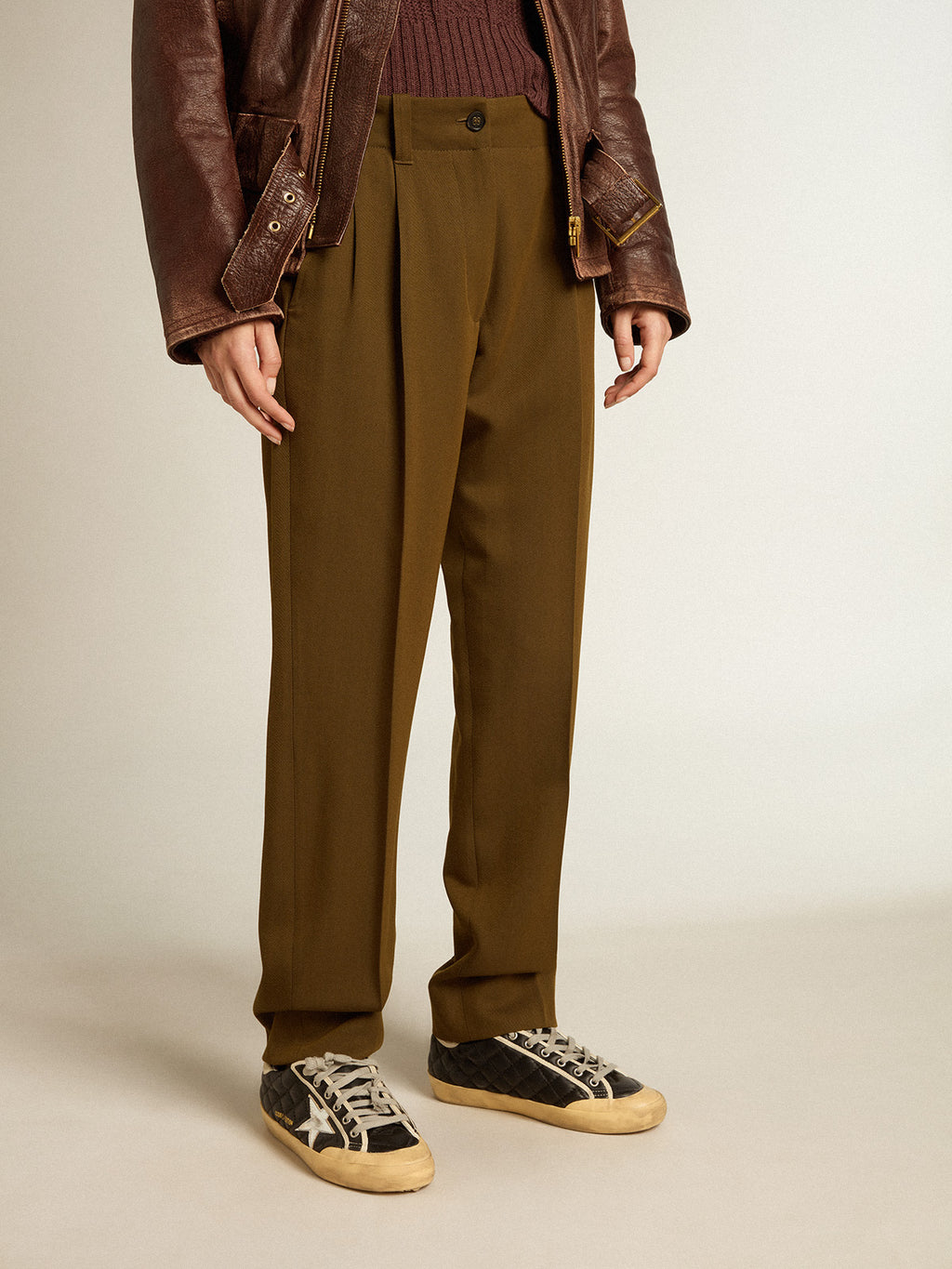 Beech-colored pants in wool and viscose blend| Golden Goose