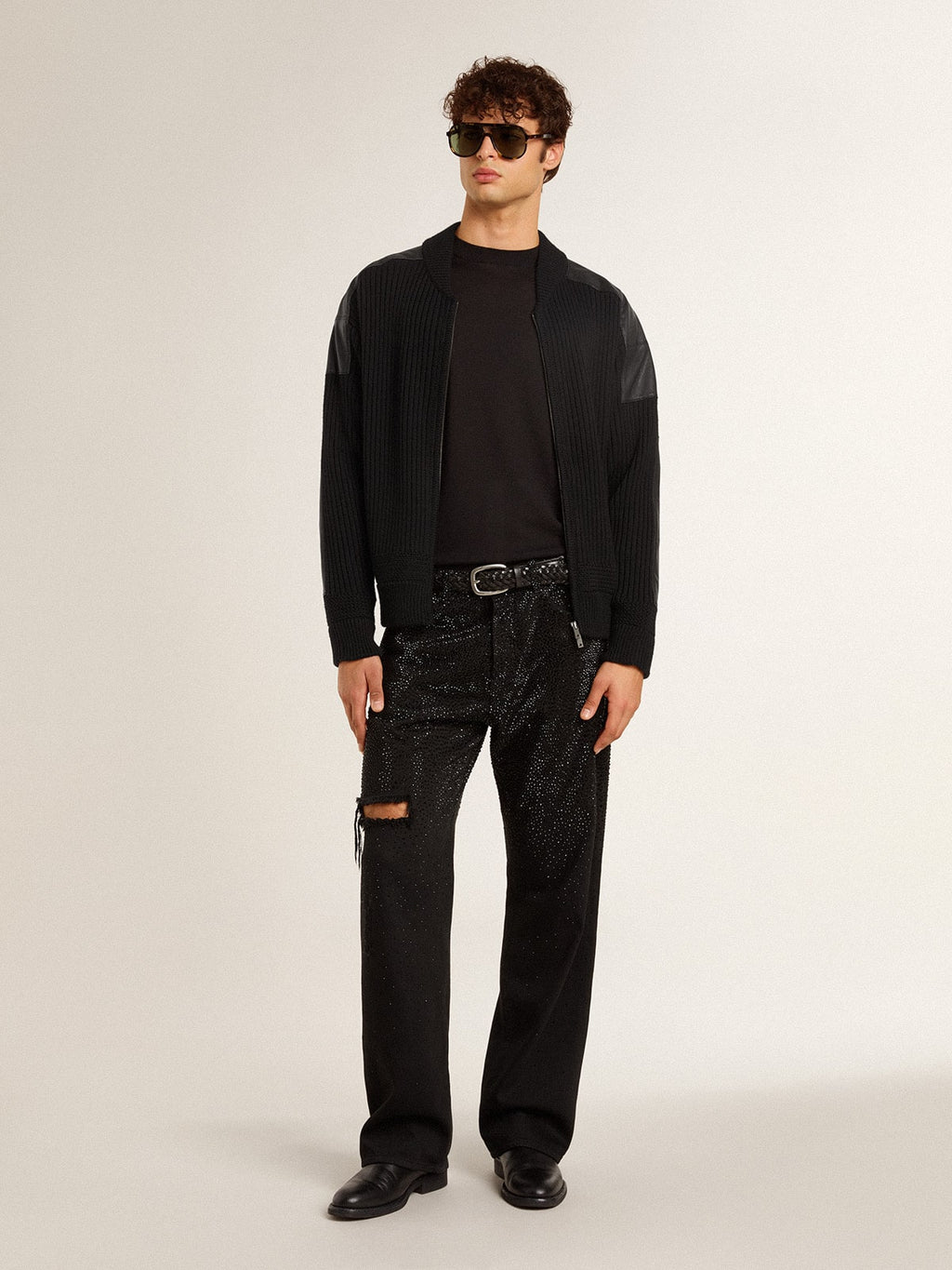 Men's black merino wool jacket with leather patches| Golden Goose