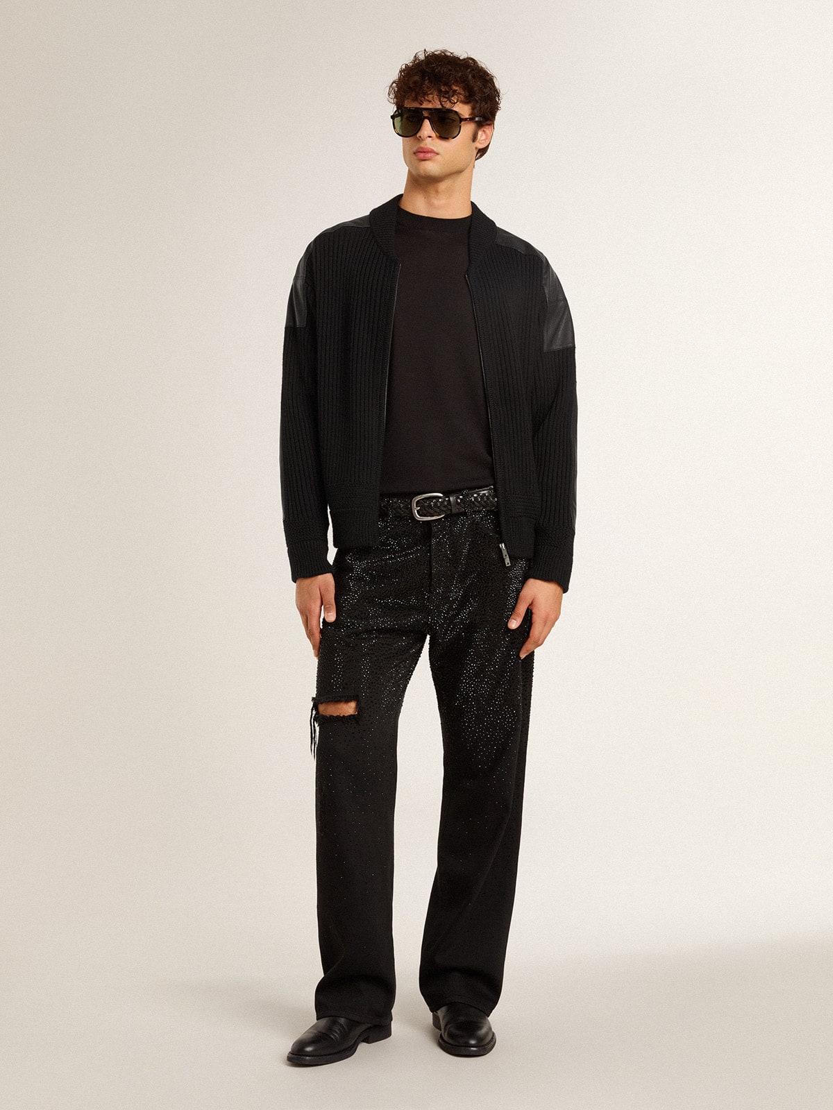 Men's black merino wool jacket with leather patches| Golden Goose