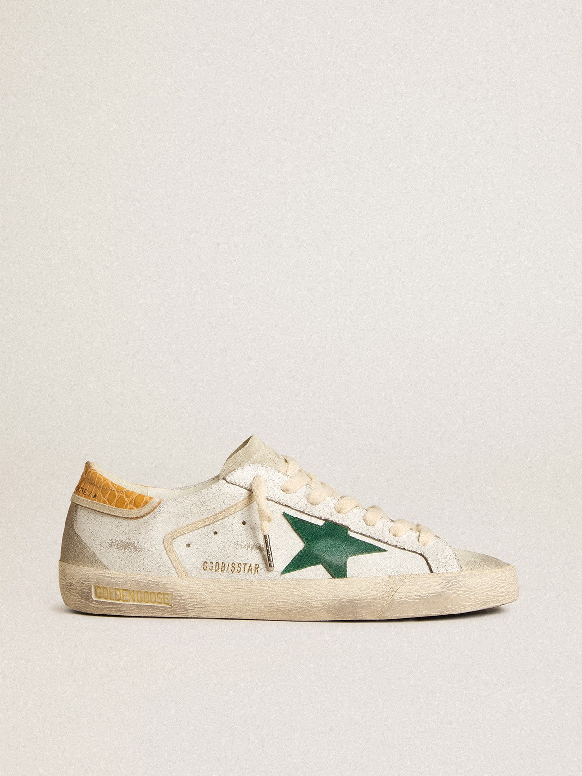 Men's Super-Star with green suede star and yellow croc-print leather heel tab| Golden Goose