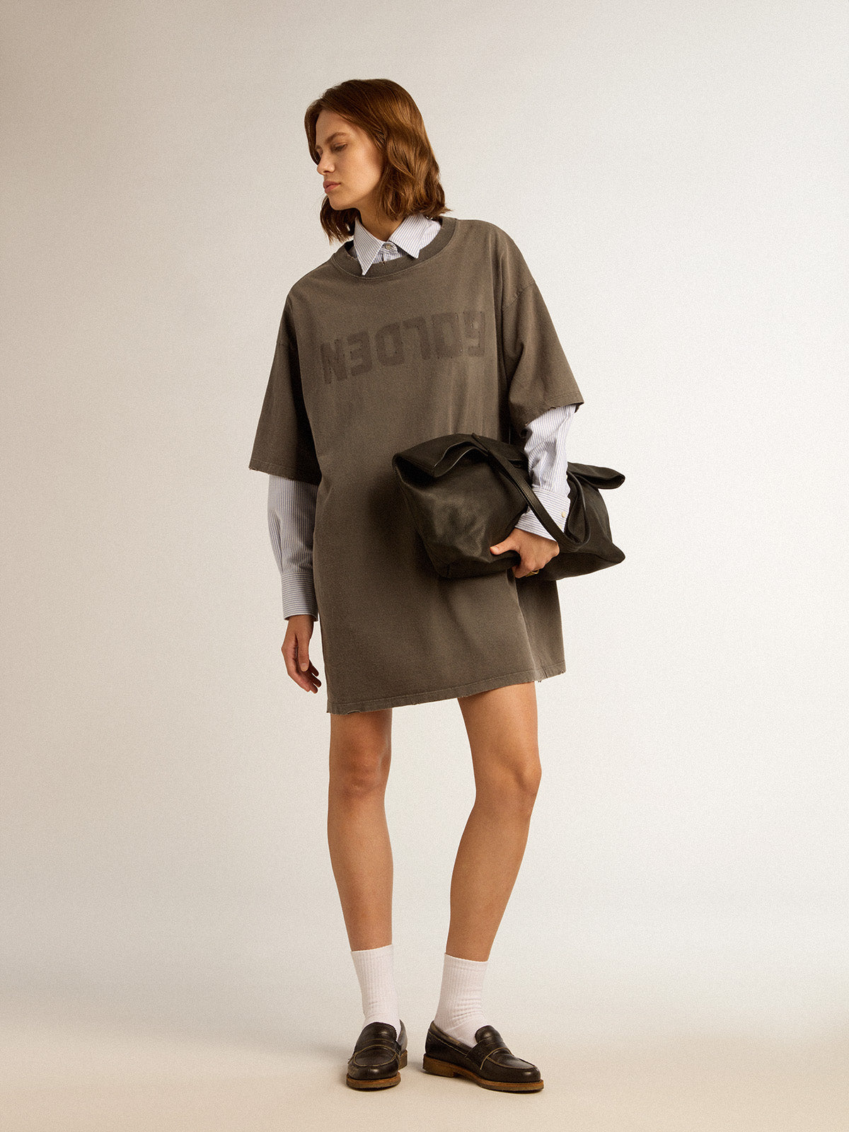 Women's gray T-shirt dress with distressed treatment| Golden Goose