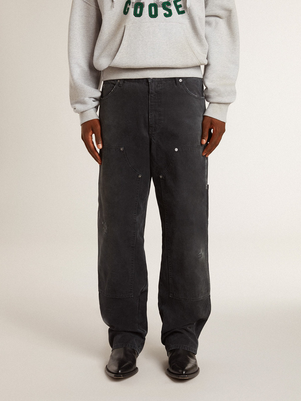Men's distressed black cotton jeans with front patches| Golden Goose