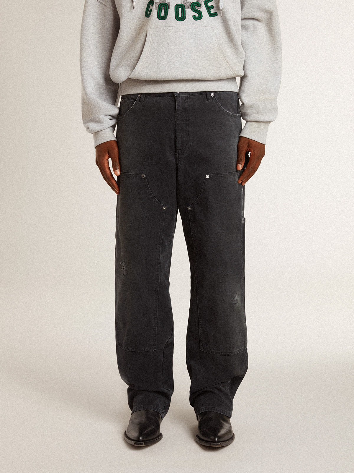 Men's distressed black cotton jeans with front patches| Golden Goose