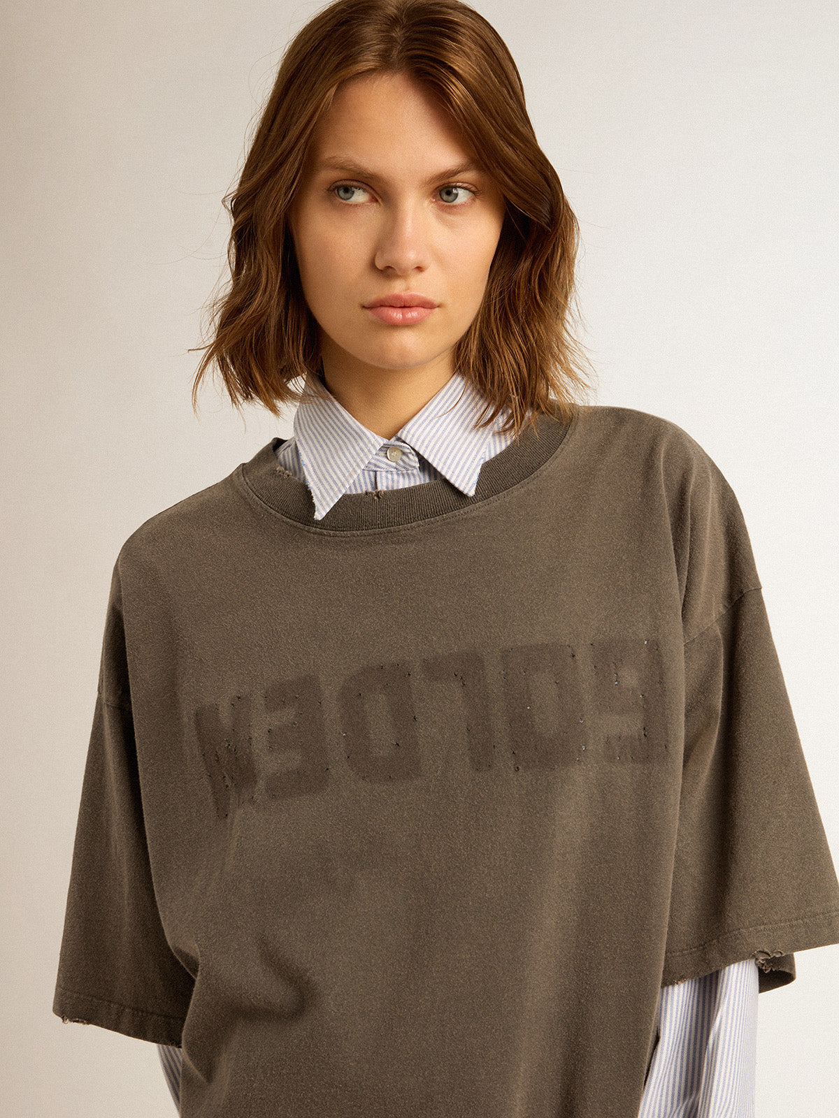 Women's gray T-shirt dress with distressed treatment| Golden Goose