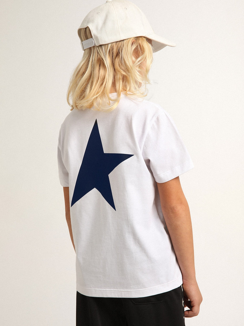 Boys' white T-shirt with contrasting dark blue logo and star| Golden Goose