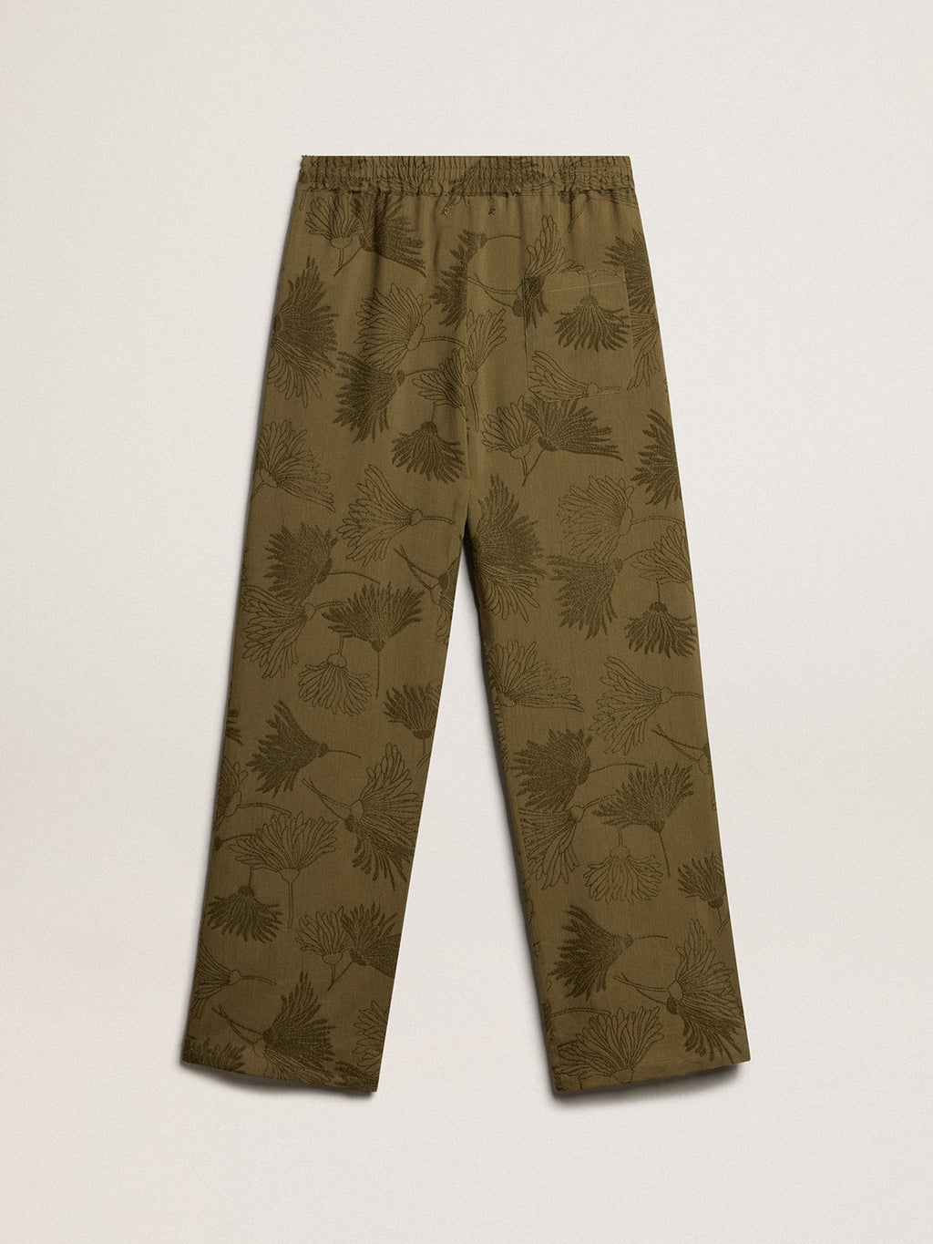 Women's olive-colored viscose-cotton blend pants with floral pattern