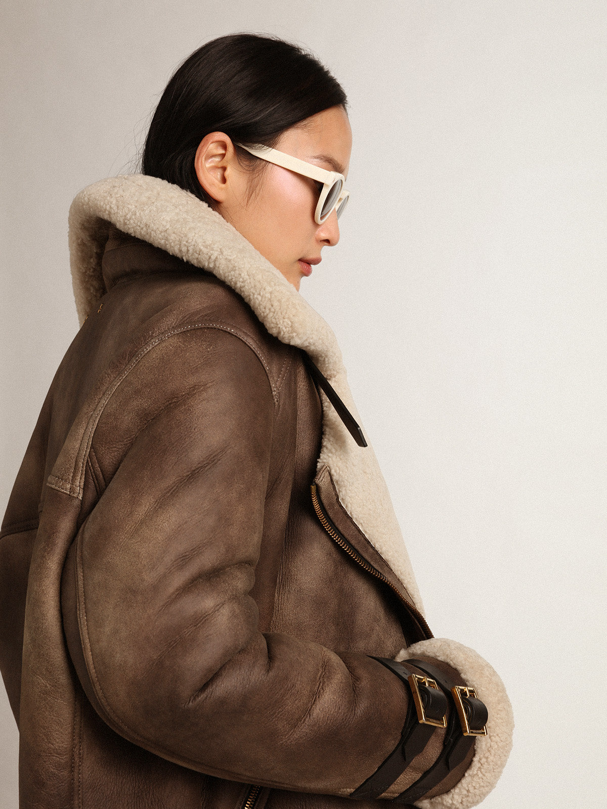 Women's leather jacket with shearling collar| Golden Goose