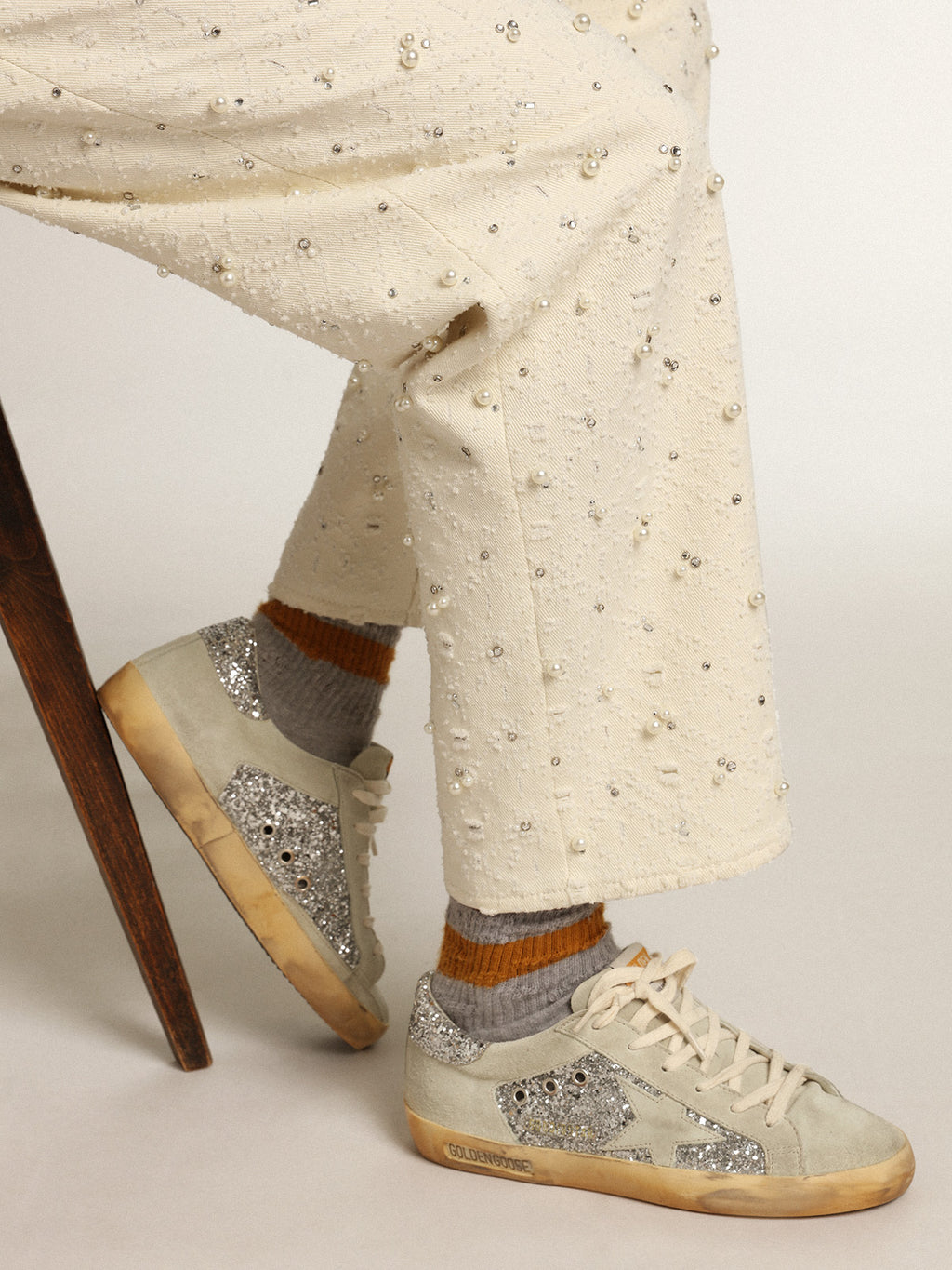 Women's Super-Star in silver glitter with ice-gray star and inserts| Golden Goose