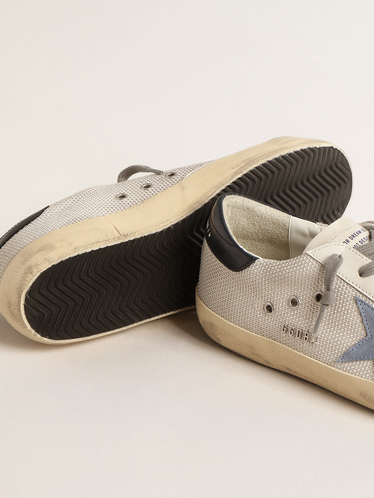 Super-Star in pale silver mesh with light blue suede star| Golden Goose