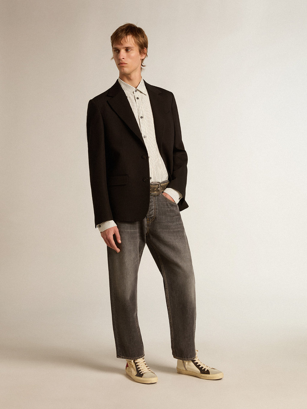 Men's white viscose shirt with narrow black stripes| Golden Goose