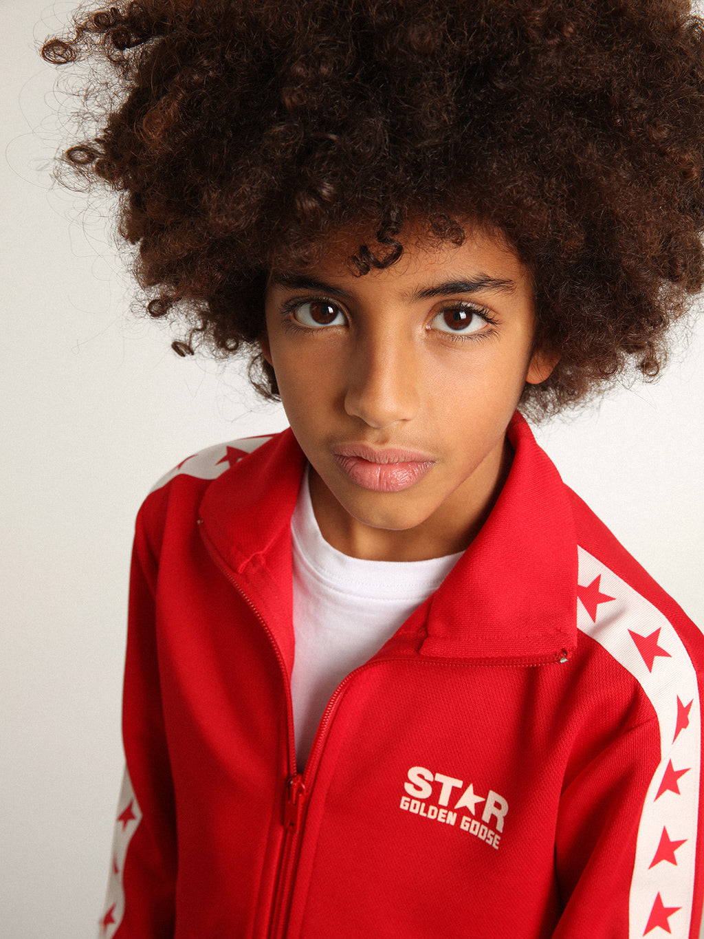 Red zipped sweatshirt with white stripe and red stars| Golden Goose