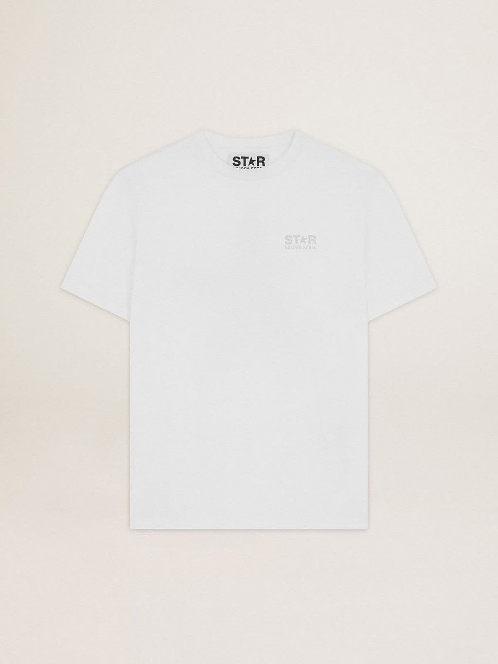 Women's white T-shirt with silver glitter logo and star| Golden Goose