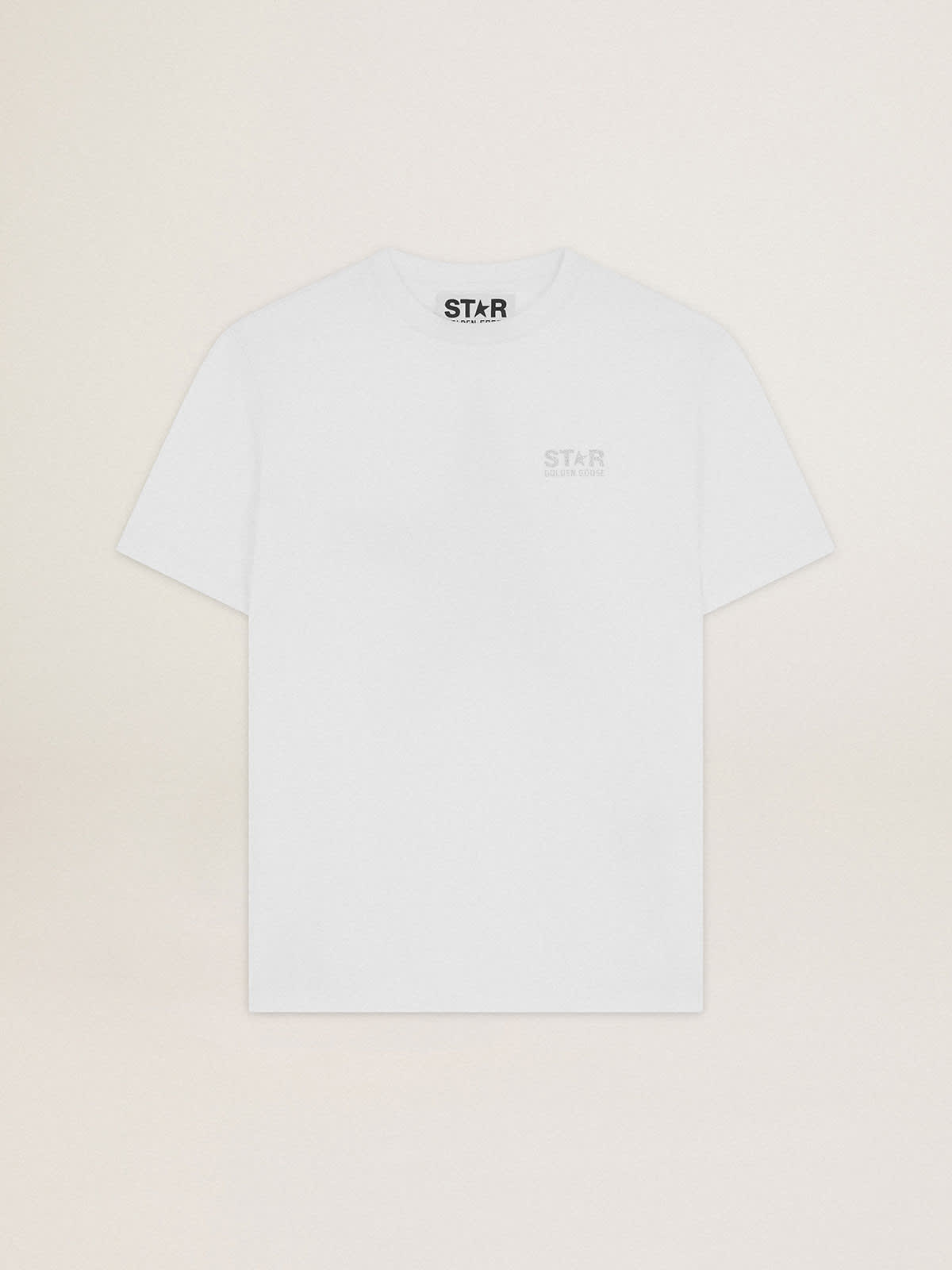 Women's white T-shirt with silver glitter logo and star| Golden Goose