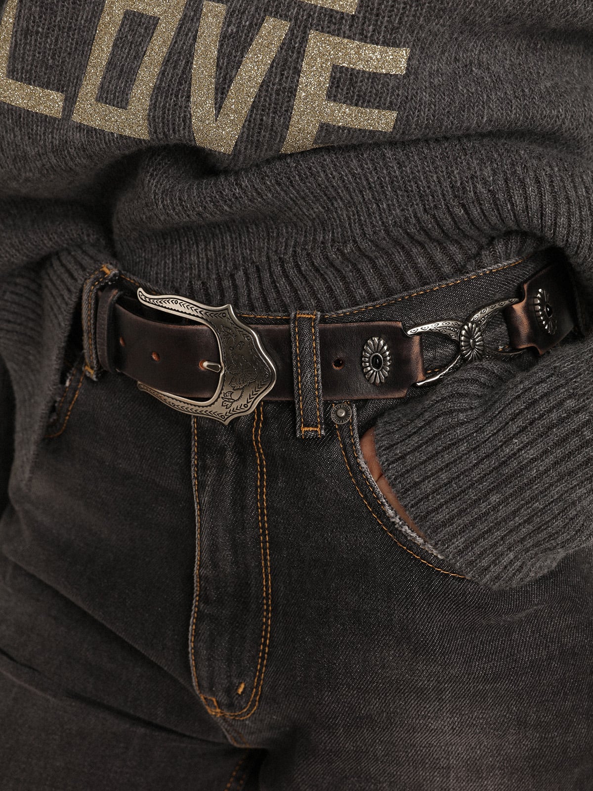 Women's belt in black leather with silver decorations| Golden Goose