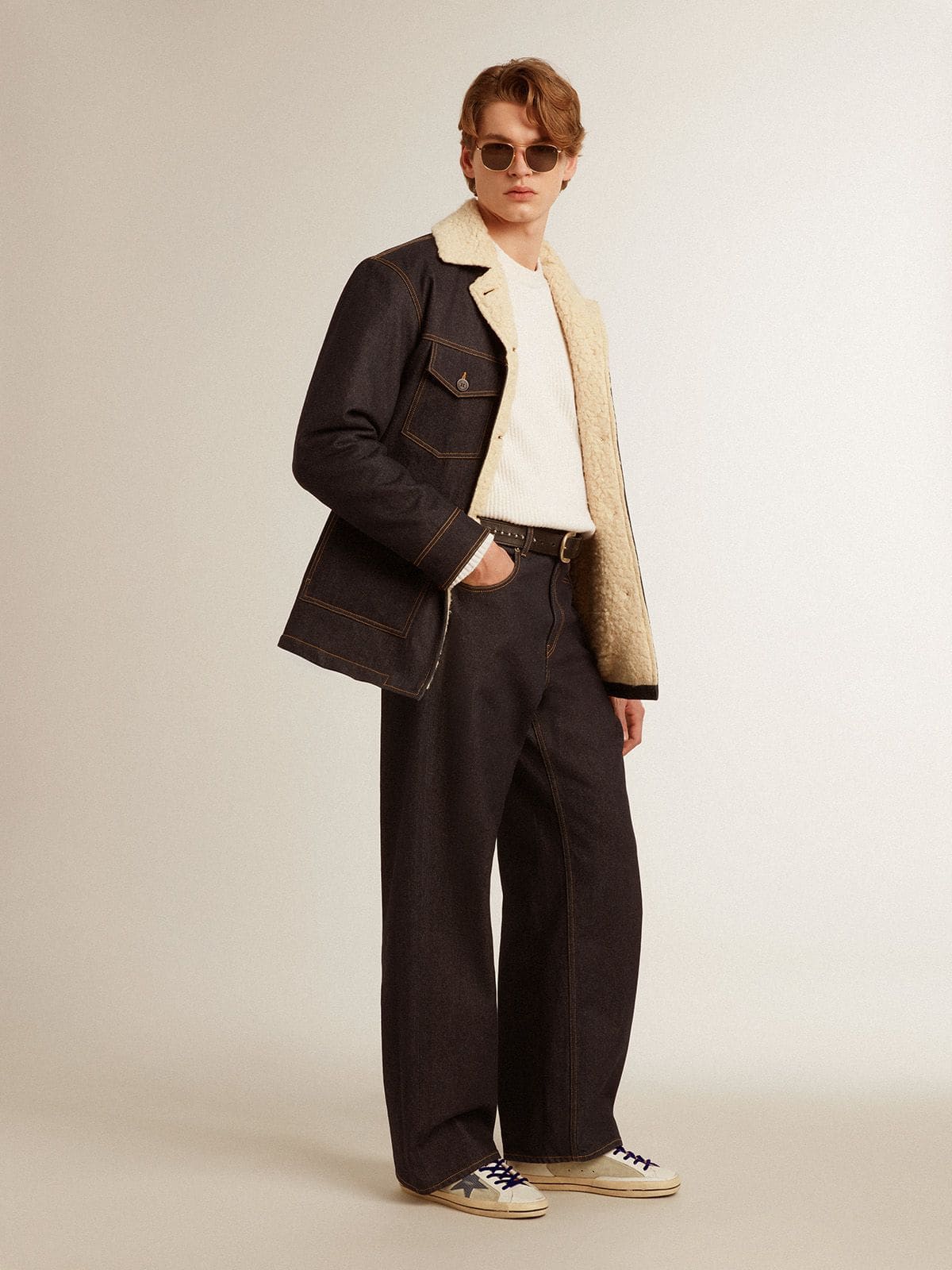 Super-Star in leather and suede with blue lizard-print leather star| Golden Goose