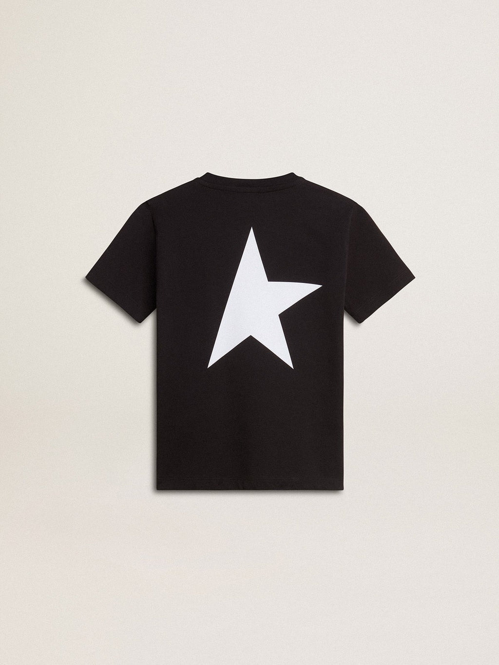 Black T-shirt with contrasting white logo on the front and maxi star on the back| Golden Goose