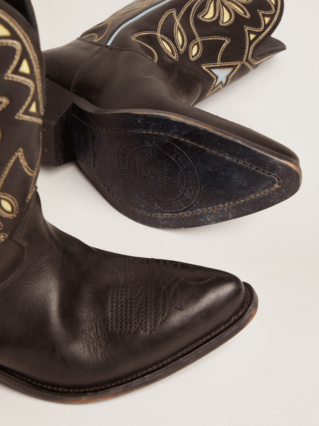 Women's Wish Star low boots in black leather with yellow details| Golden Goose