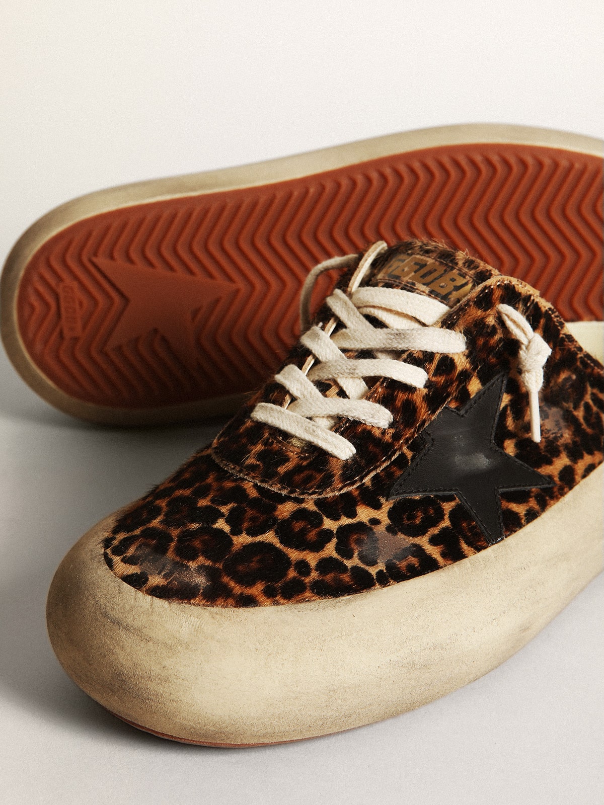 Women's Space-Star Sabot in leopard print pony skin with black star| Golden Goose