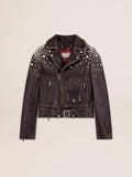 Women's leather biker jacket with crystals| Golden Goose