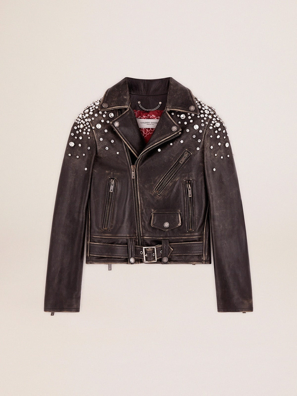 Women's leather biker jacket with crystals| Golden Goose
