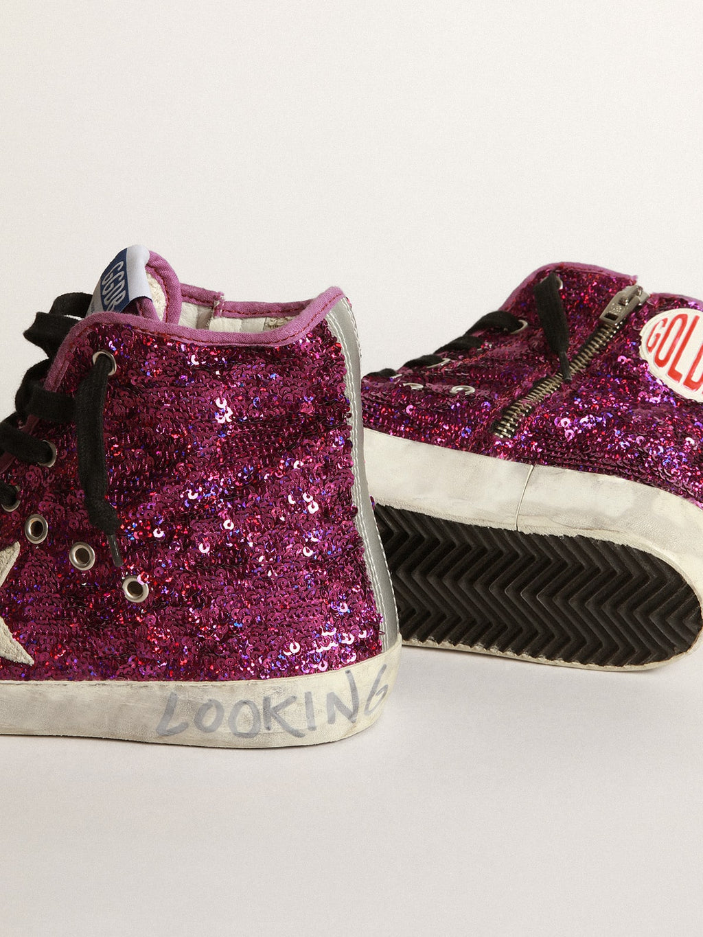 Francy sneakers with sequins and handwritten lettering on the outsole| Golden Goose