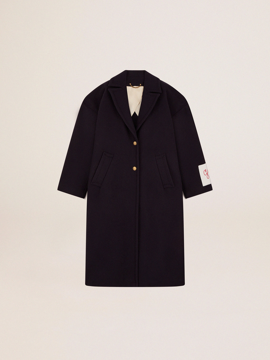 Women's single-breasted cocoon coat in dark blue wool with gold button| Golden Goose