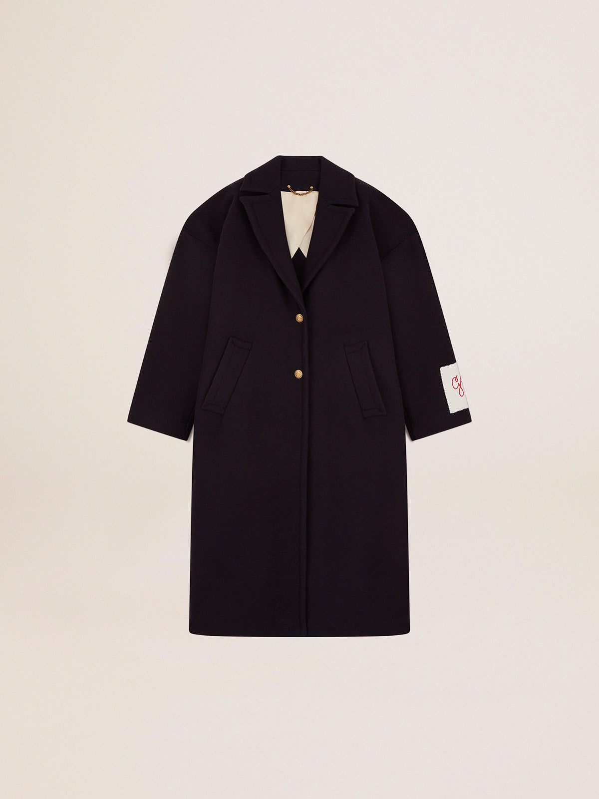 Women's single-breasted cocoon coat in dark blue wool with gold button| Golden Goose