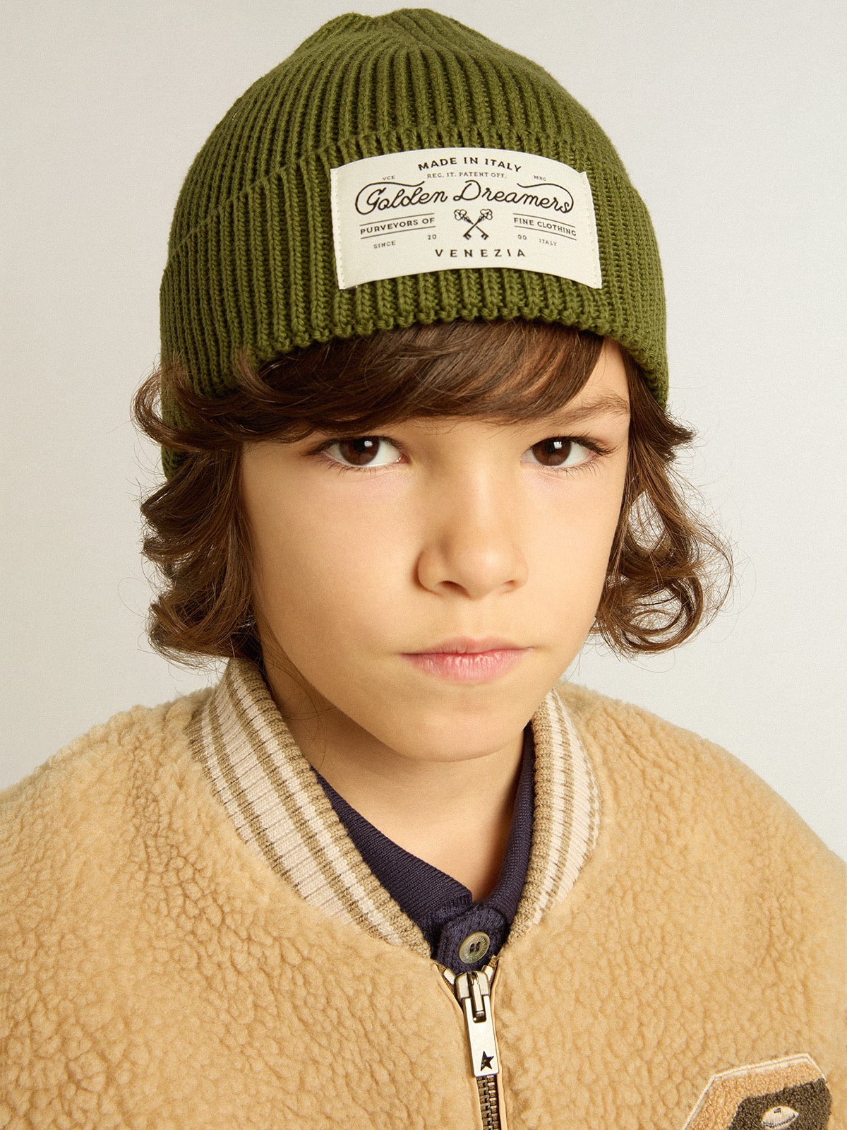 Military-green cotton beanie with appliqué label on the front| Golden Goose