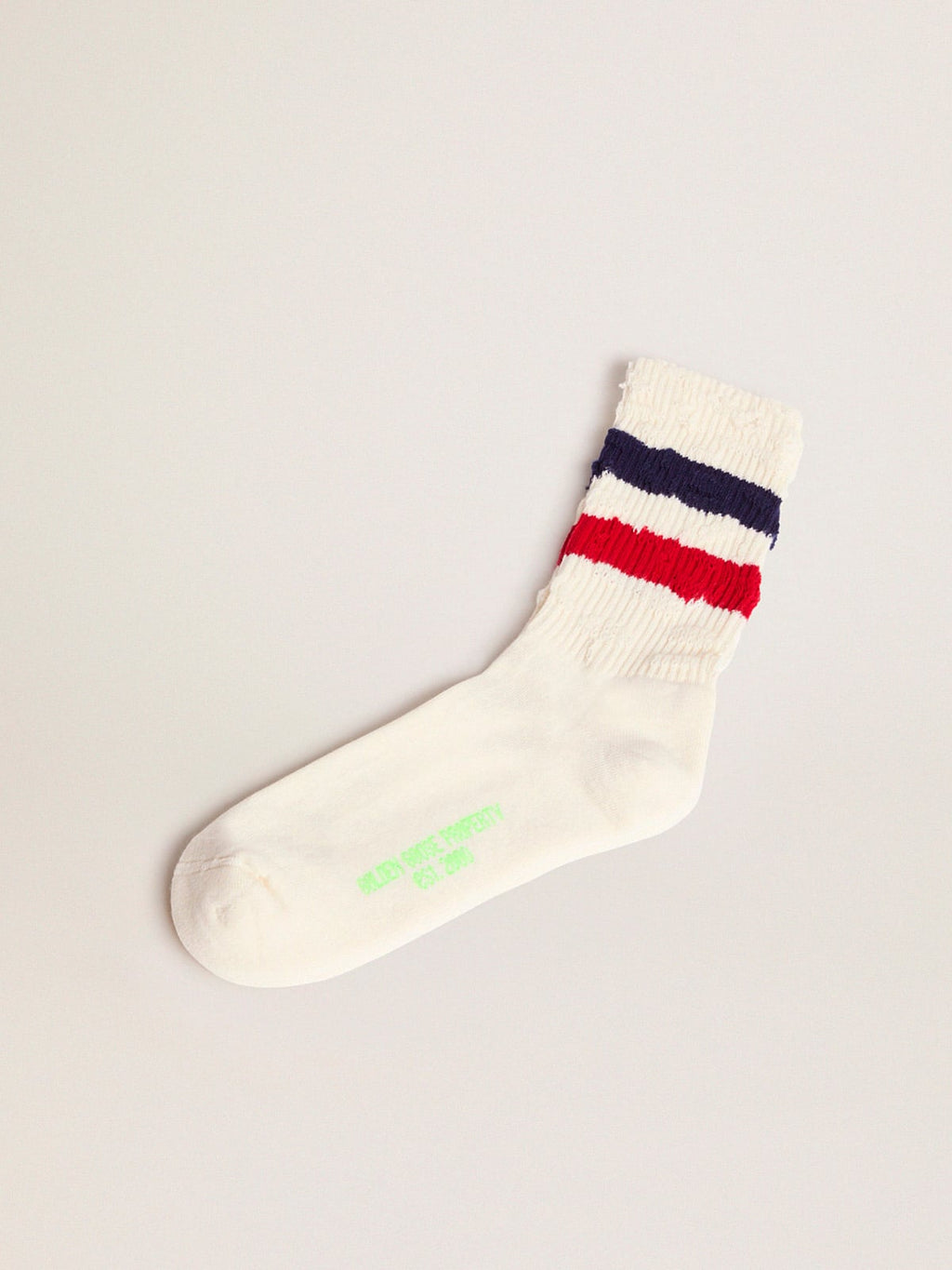 Vintage white socks with distressed details and two-tone stripes| Golden Goose
