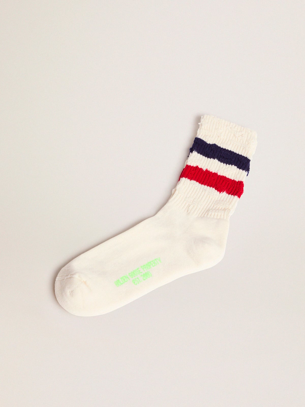 Vintage white socks with distressed details and two-tone stripes| Golden Goose