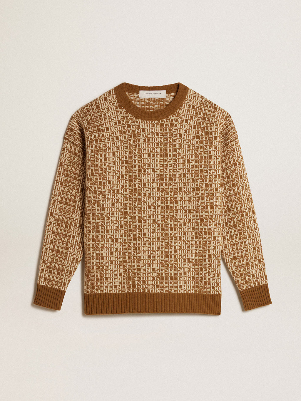 Round-neck sweater with olive-green jacquard lettering motif| Golden Goose