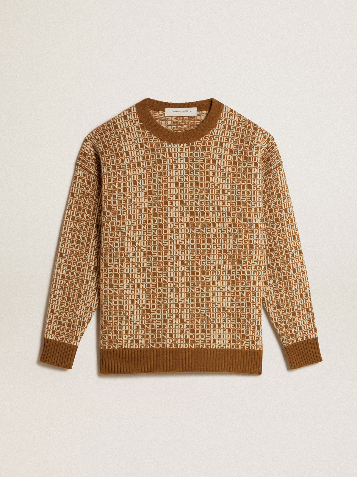 Round-neck sweater with olive-green jacquard lettering motif| Golden Goose