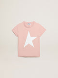 Girls' pink T-shirt with white logo and maxi star| Golden Goose