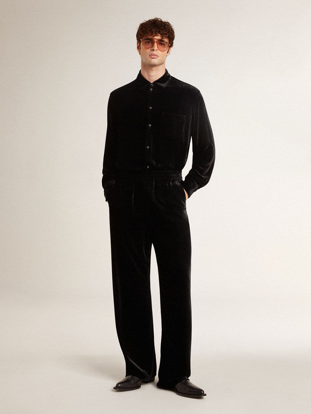 Velvet-effect black shirt with embroidery| Golden Goose