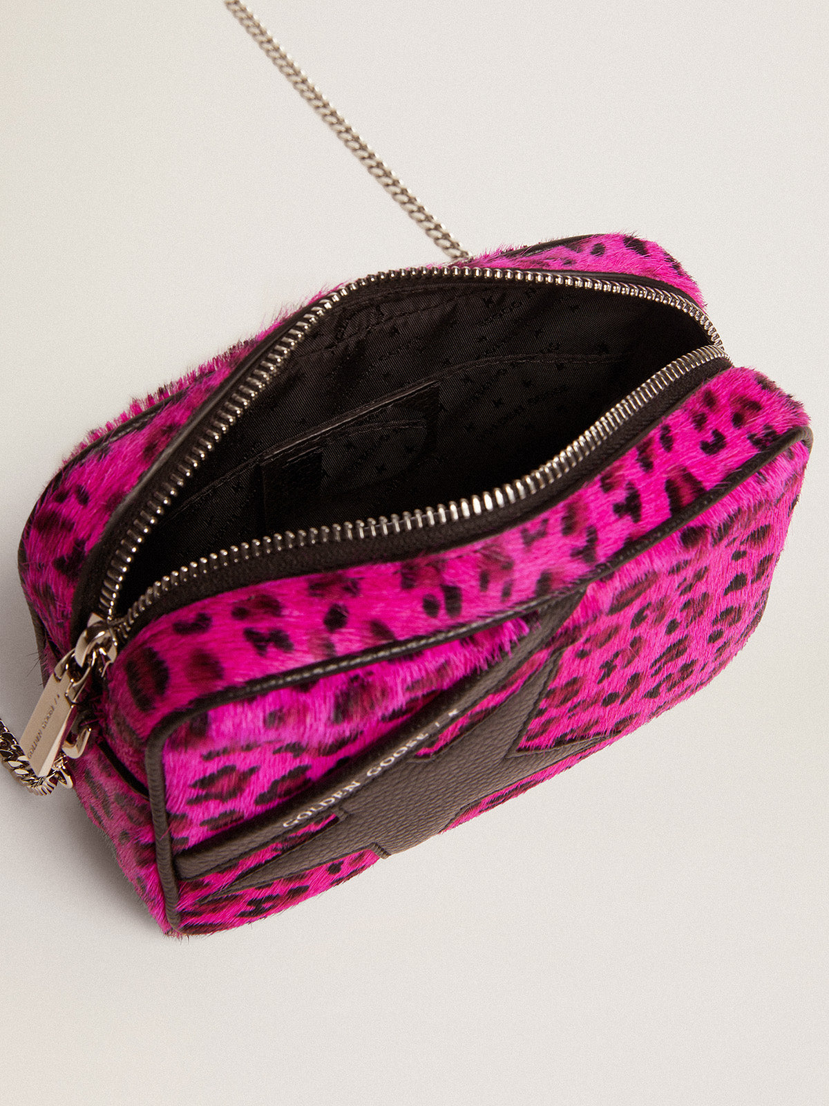 Mini Star Bag in fuchsia leopard-print pony skin with black leather star| Golden Goose