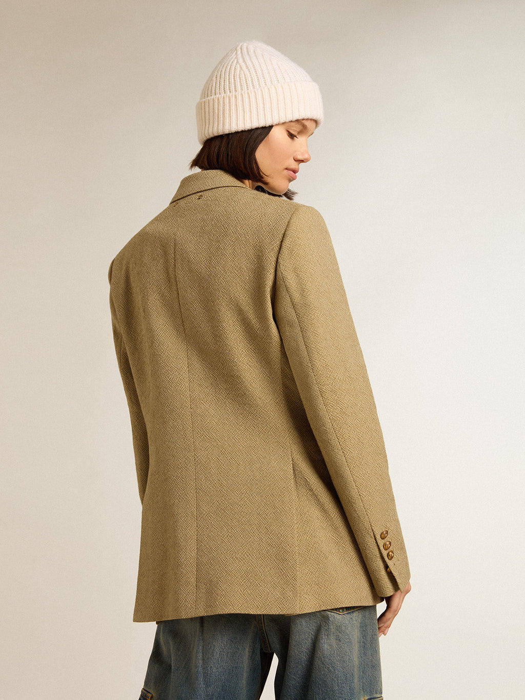 Women's pale beech-colored wool double-breasted blazer| Golden Goose