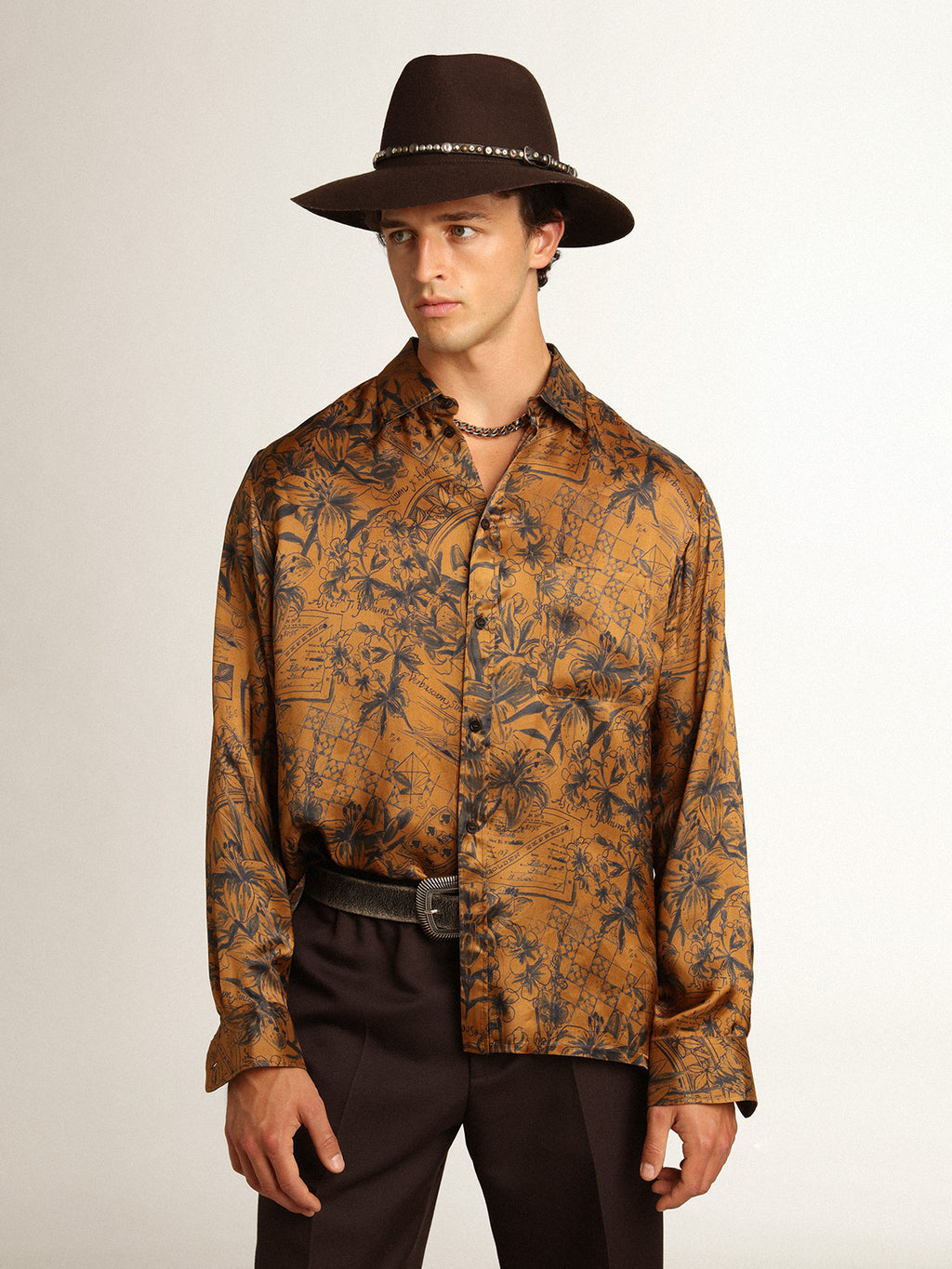 Men's golden brown shirt with notebook print| Golden Goose
